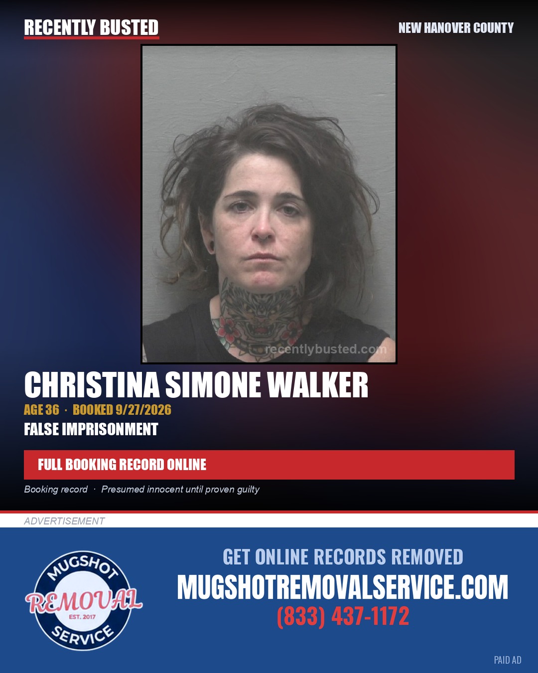CHRISTINA SIMONE WALKER — arrest record card, New Hanover County