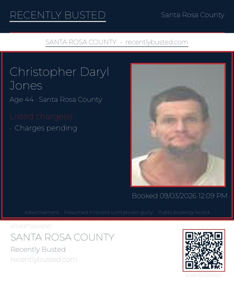 Christopher Daryl Jones — arrest record card, Santa Rosa County, Florida