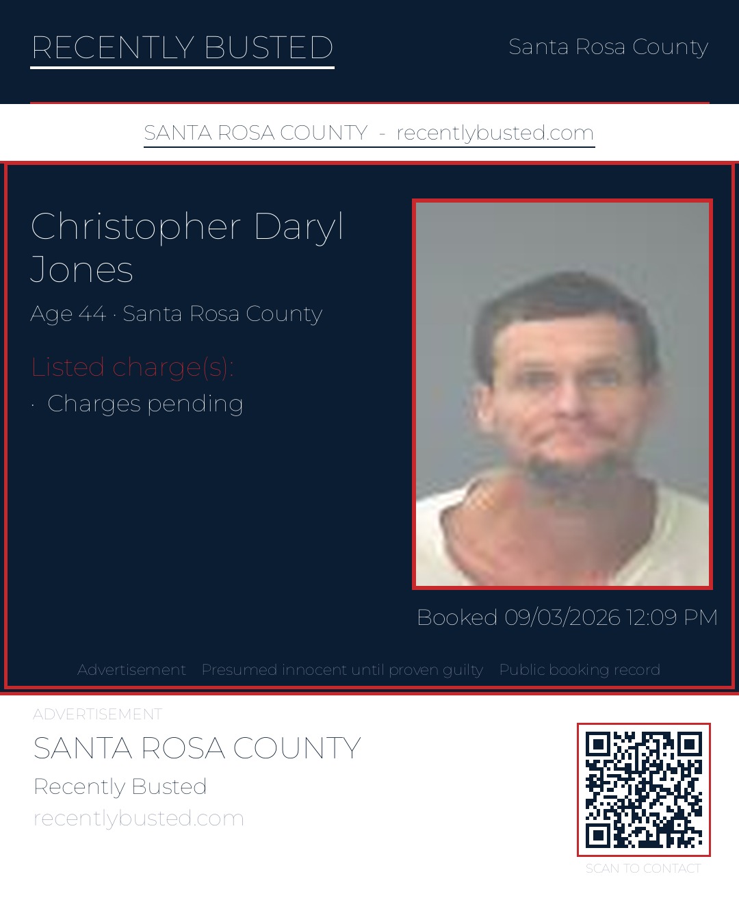 Christopher Daryl Jones — arrest record card, Santa Rosa County, Florida