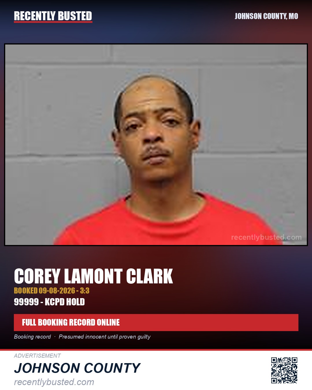 CLARK, COREY LAMONT — arrest record card, Johnson County, Missouri