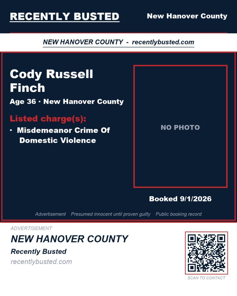 CODY RUSSELL FINCH — arrest record card, New Hanover County