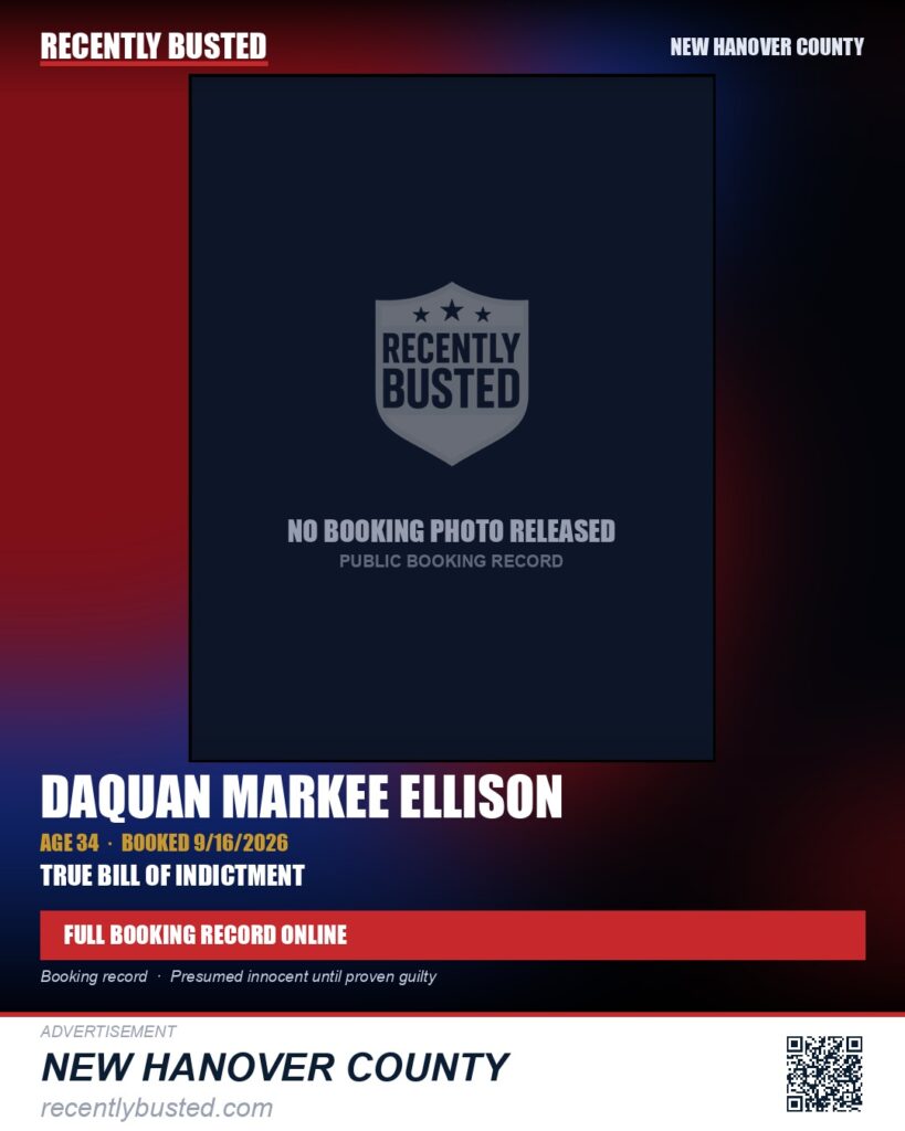 DAQUAN MARKEE ELLISON — arrest record card, New Hanover County