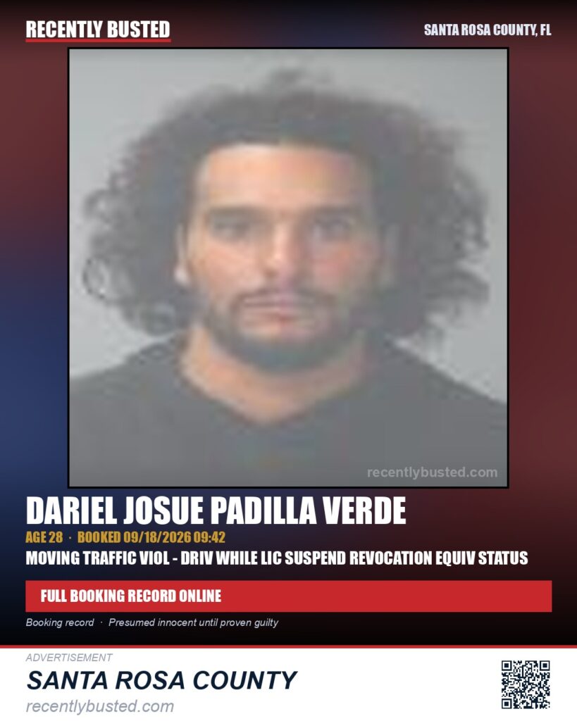 Dariel Josue Padilla Verde — arrest record card, Santa Rosa County, Florida