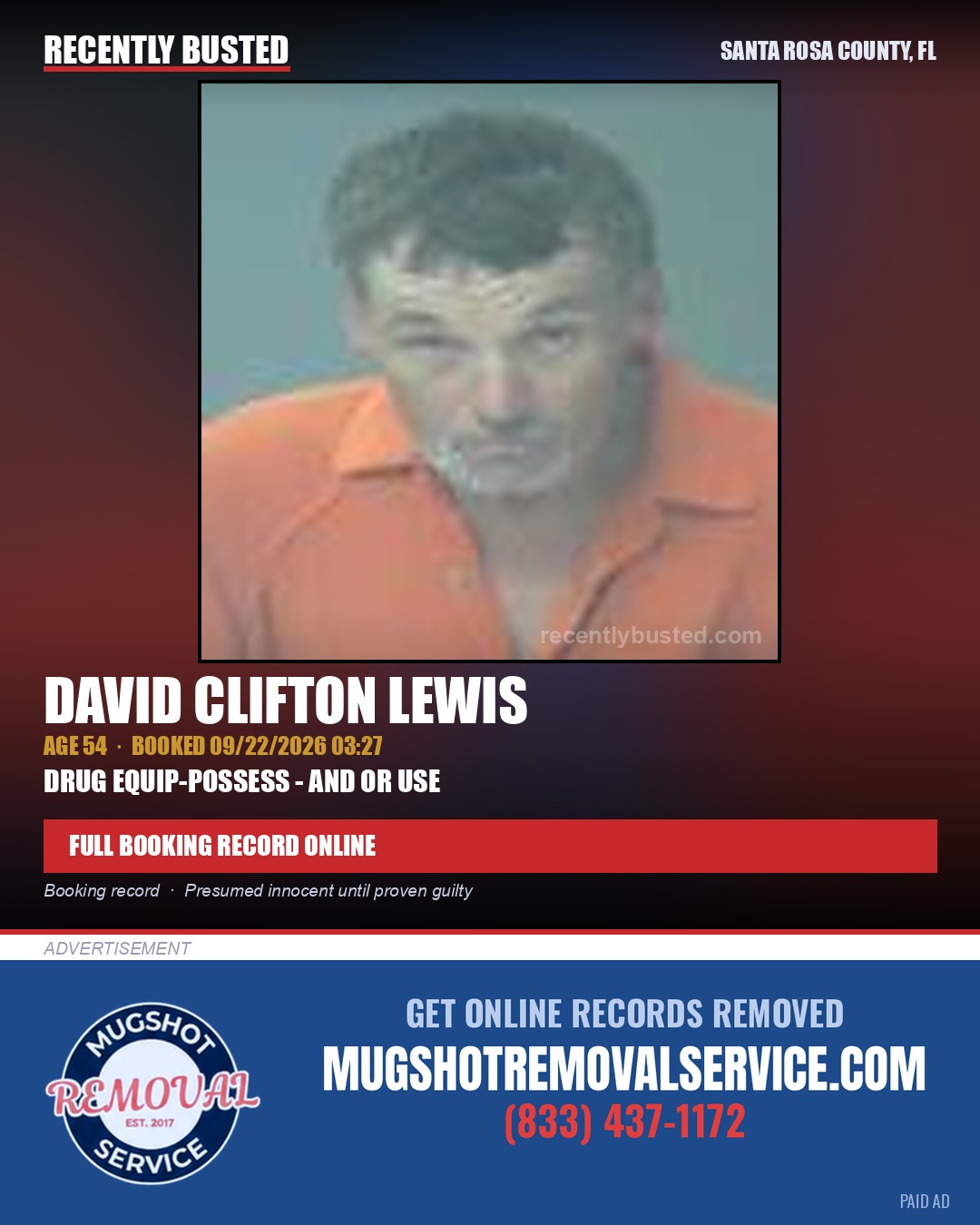 David Clifton Lewis — arrest record card, Santa Rosa County, Florida