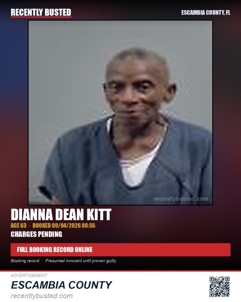 Dianna Dean Kitt — arrest record card, Escambia County, Florida