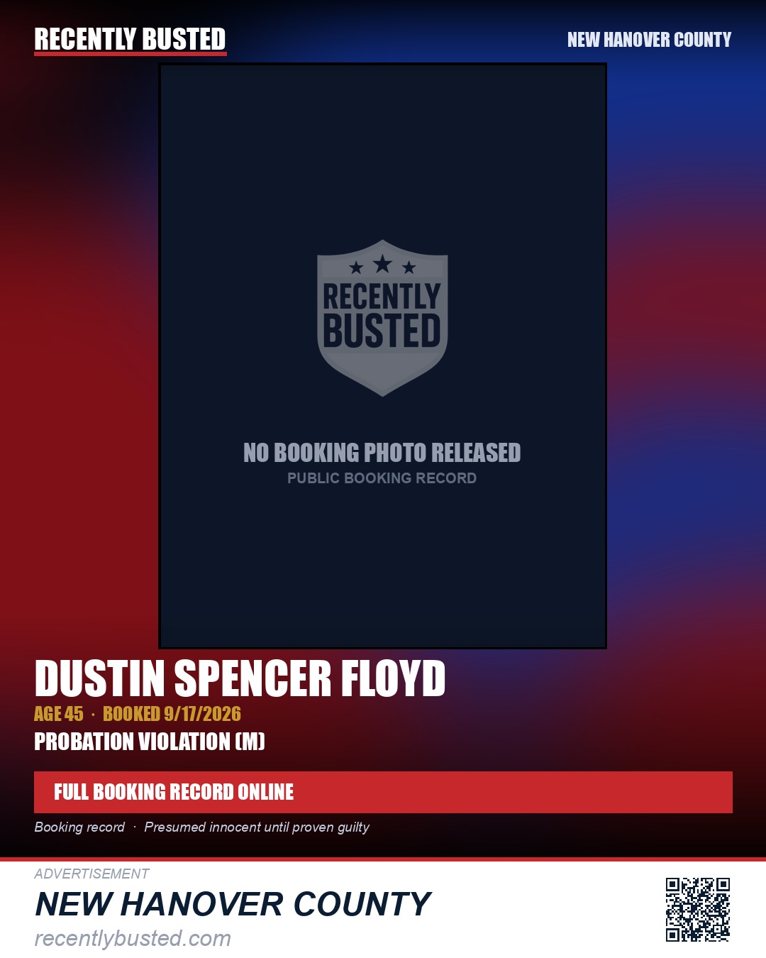 DUSTIN SPENCER FLOYD — arrest record card, New Hanover County