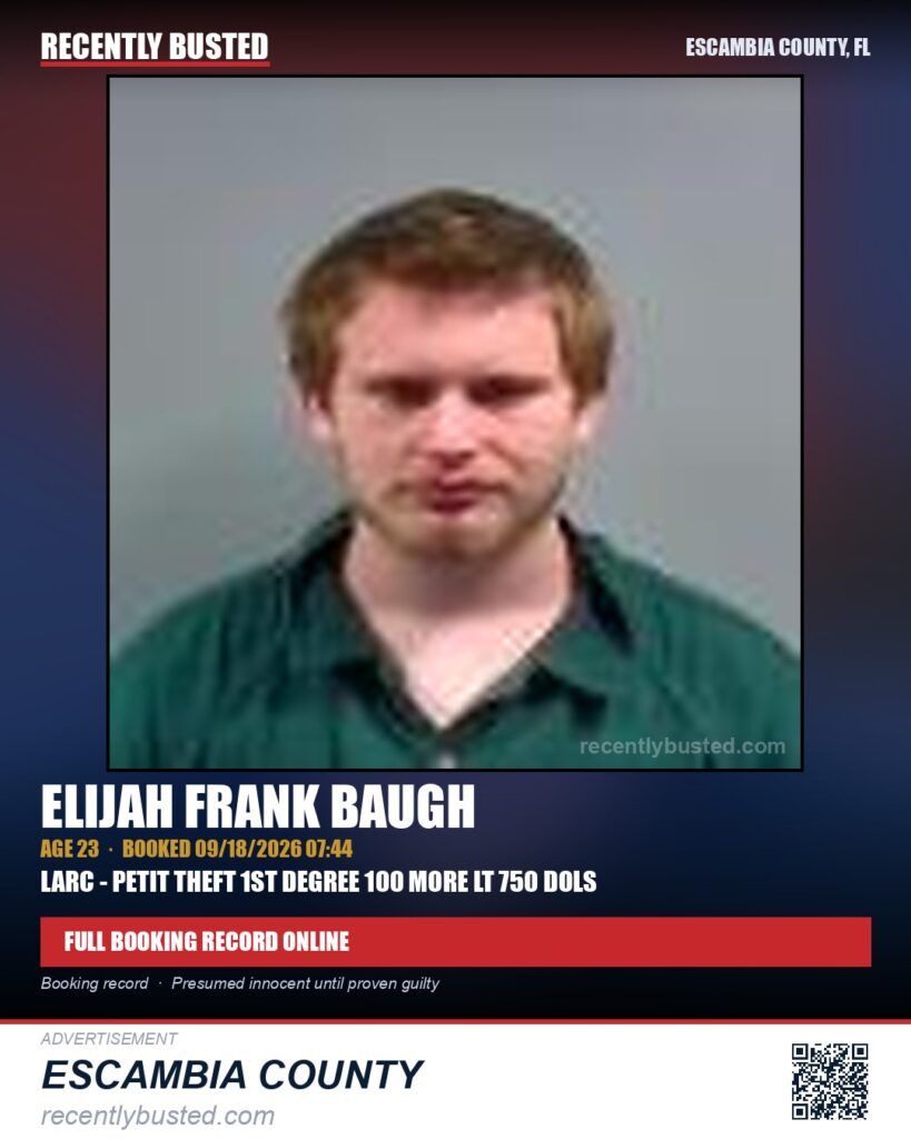Elijah Frank Baugh — arrest record card, Escambia County, Florida