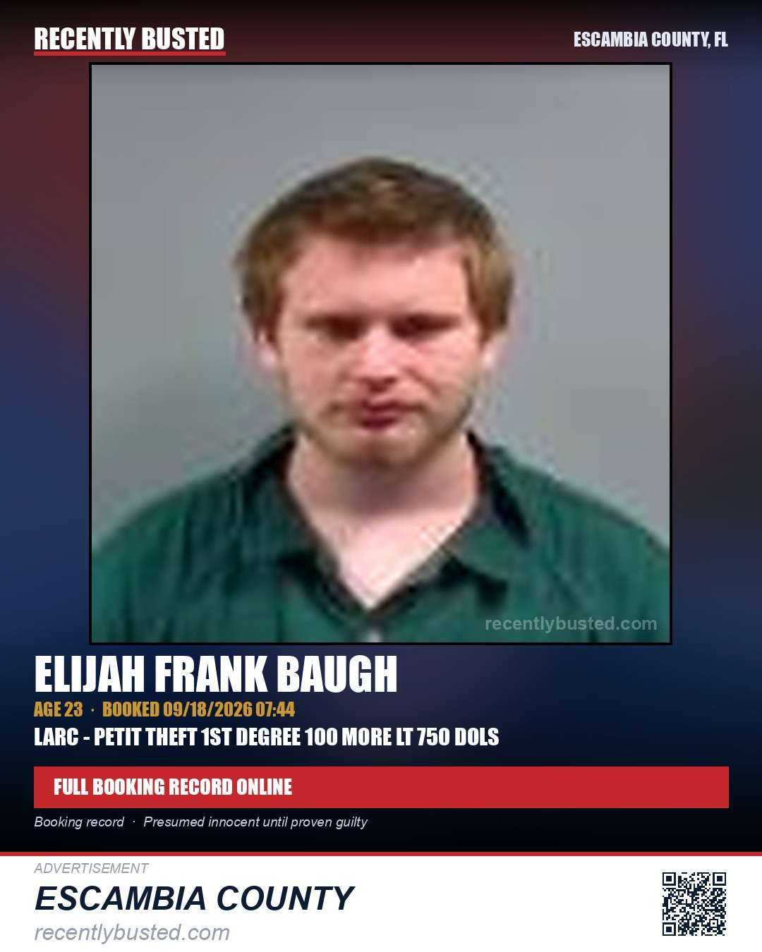 Elijah Frank Baugh — arrest record card, Escambia County, Florida