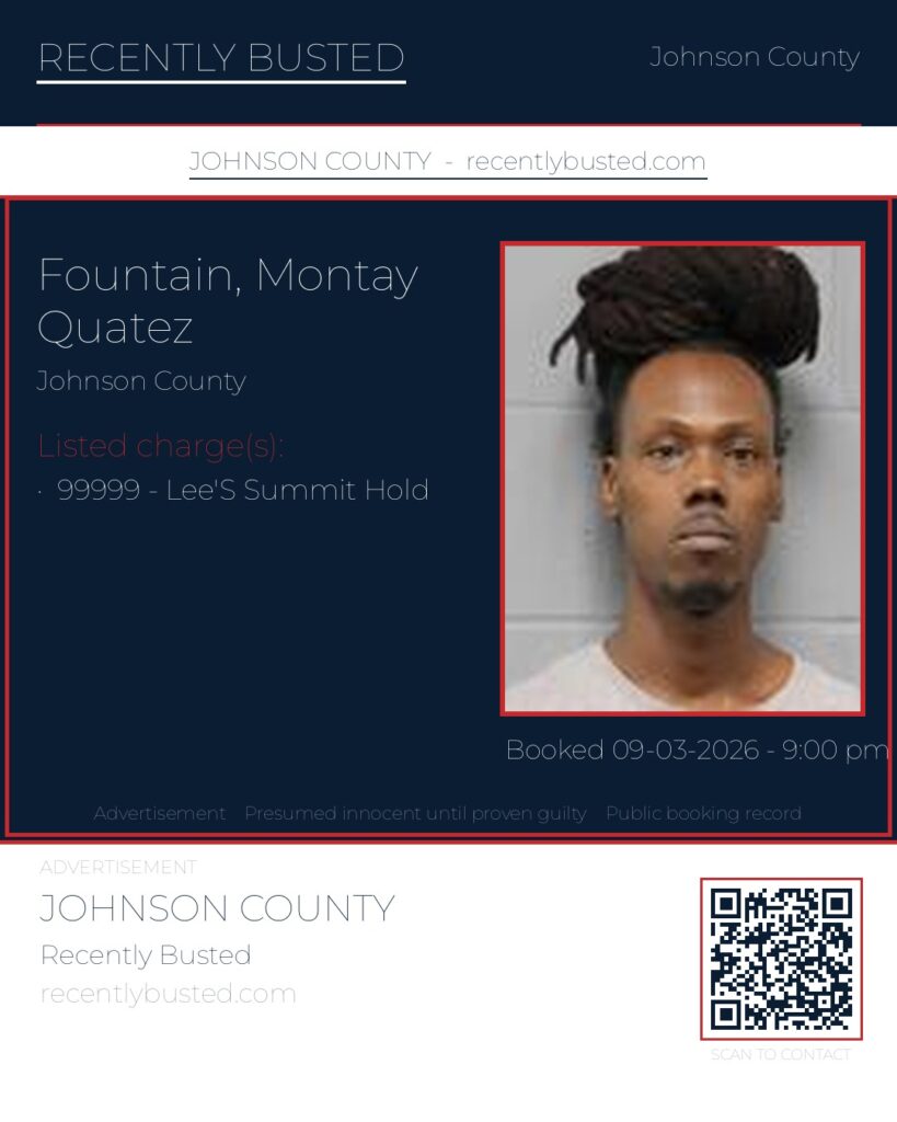 FOUNTAIN, MONTAY QUATEZ — arrest record card, Johnson County, Missouri