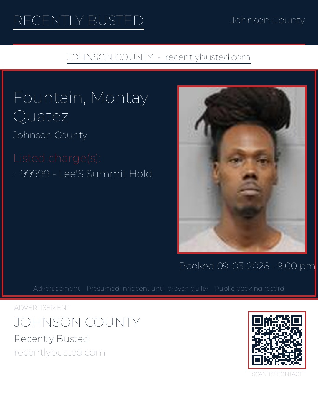 FOUNTAIN, MONTAY QUATEZ — arrest record card, Johnson County, Missouri