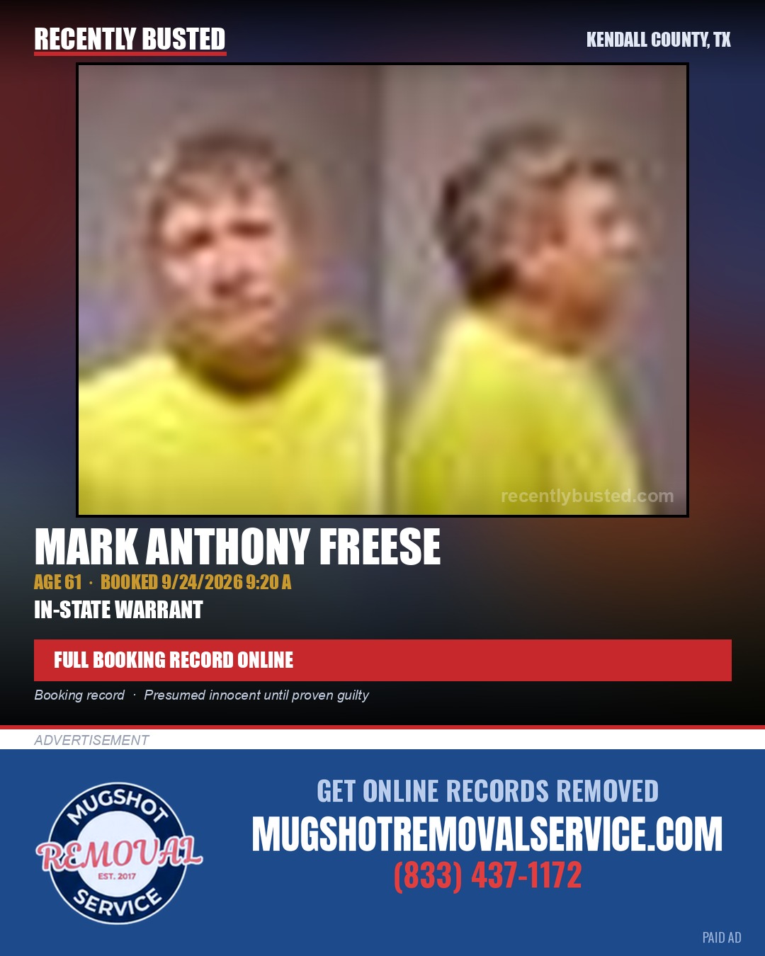 FREESE, MARK ANTHONY — arrest record card, Kendall County, Illinois