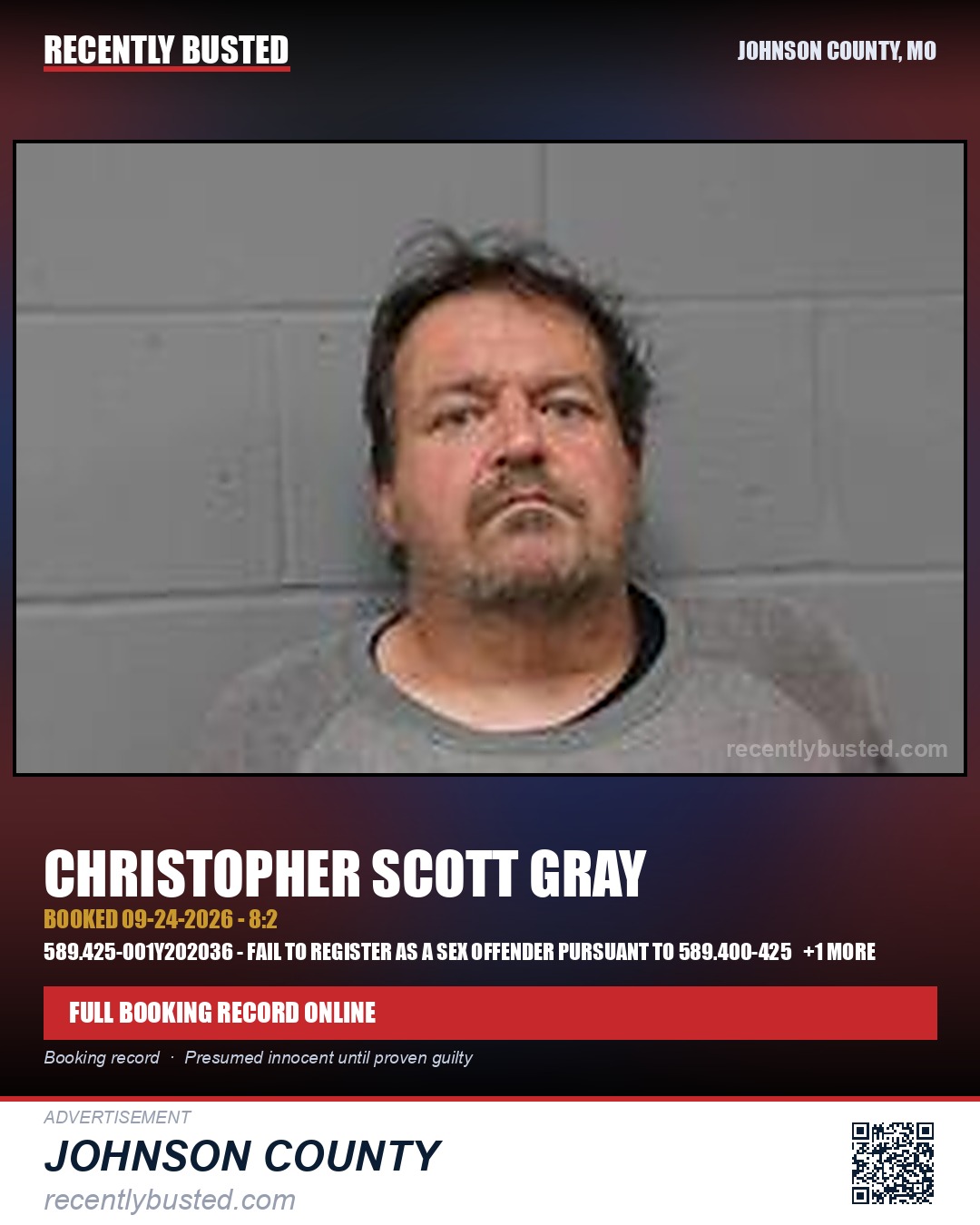 GRAY, CHRISTOPHER SCOTT — arrest record card, Johnson County, Missouri