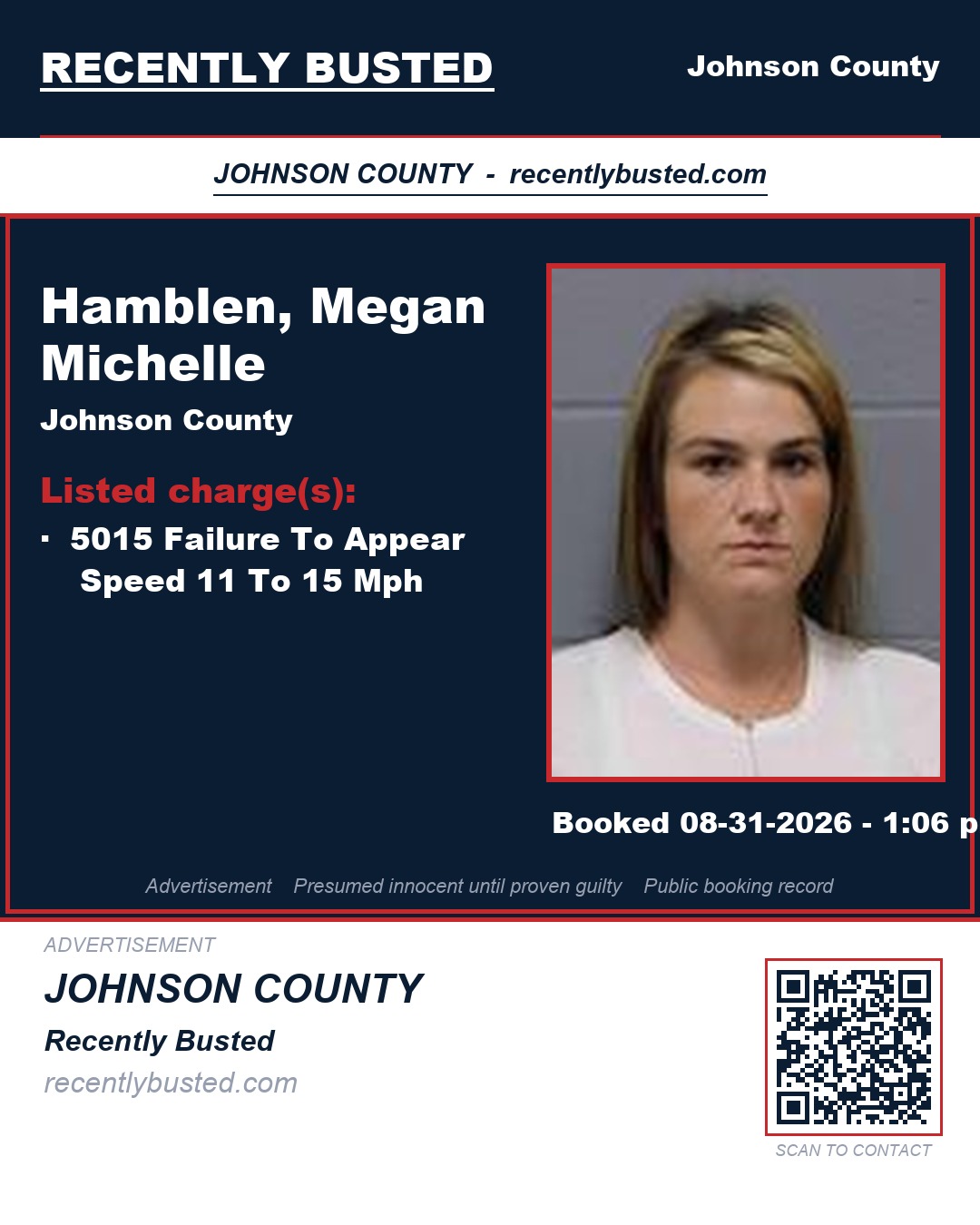 HAMBLEN, MEGAN MICHELLE — arrest record card, Johnson County, Missouri