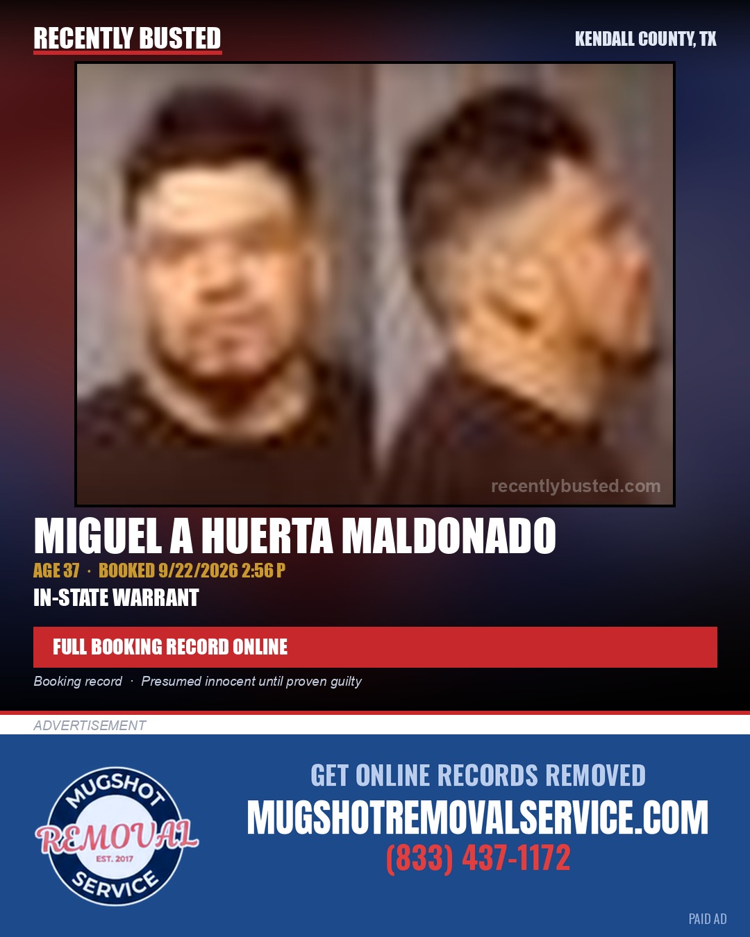 HUERTA MALDONADO, MIGUEL A — arrest record card, Kendall County, Illinois