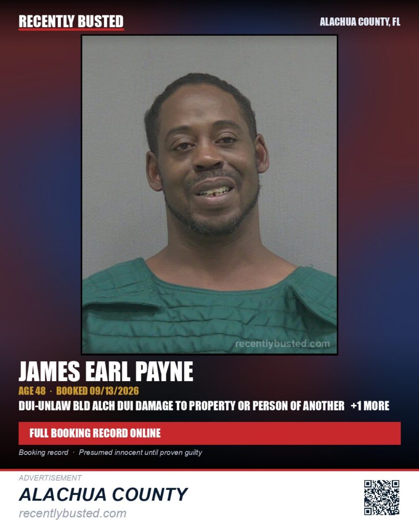 James Earl Payne — arrest record card, Alachua County, Florida