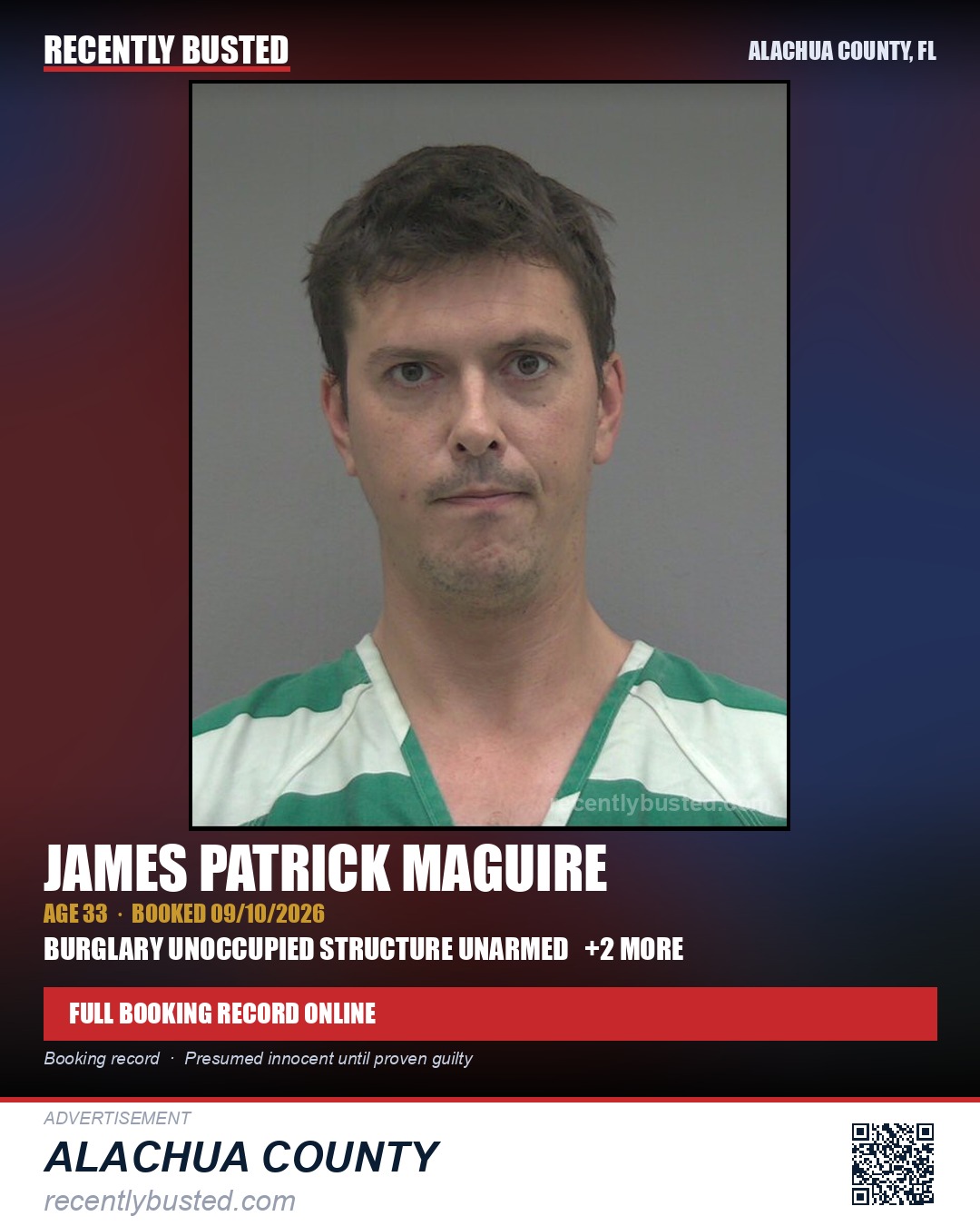 James Patrick Maguire — arrest record card, Alachua County, Florida