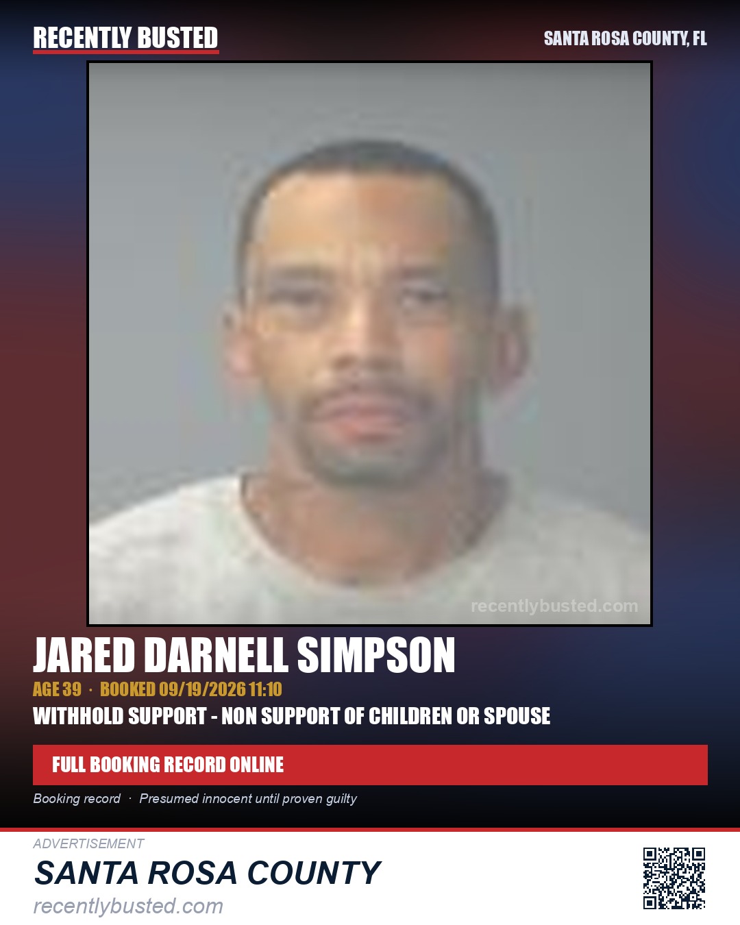 Jared Darnell Simpson — arrest record card, Santa Rosa County, Florida