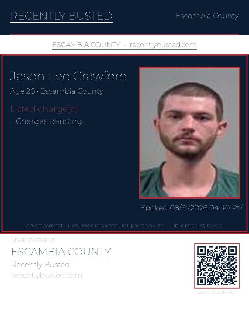 Jason Lee Crawford — arrest record card, Escambia County, Florida