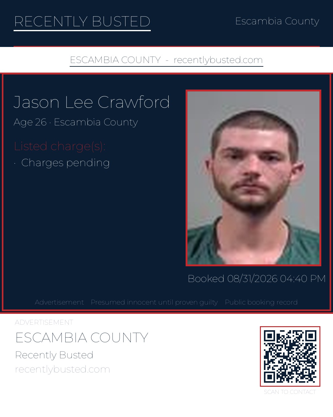 Jason Lee Crawford — arrest record card, Escambia County, Florida