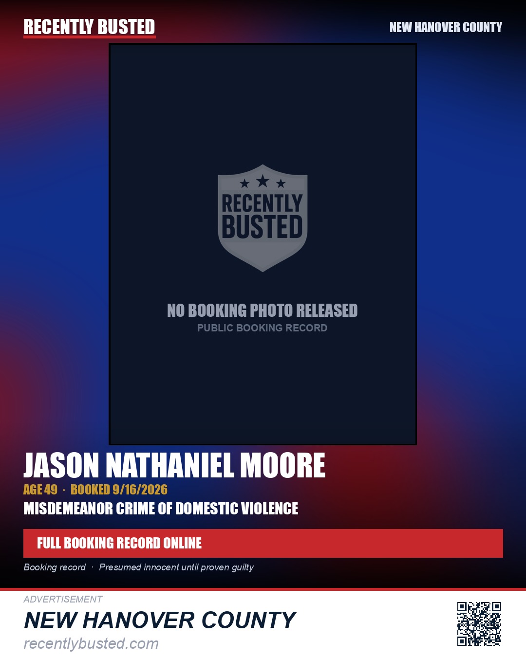 JASON NATHANIEL MOORE — arrest record card, New Hanover County