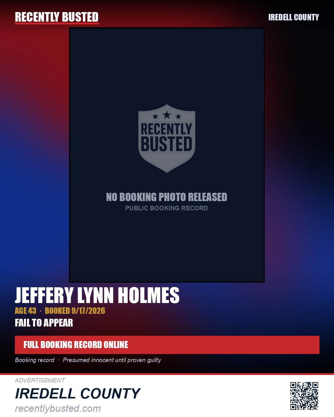 JEFFERY LYNN HOLMES — arrest record card, Iredell County