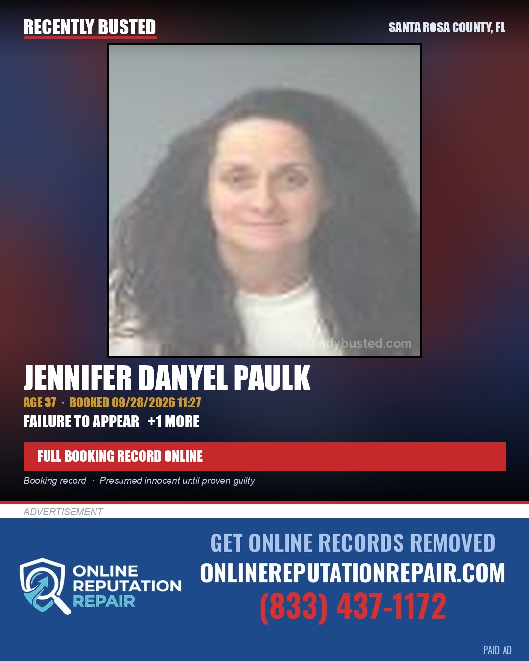 Jennifer Danyel Paulk — arrest record card, Santa Rosa County, Florida