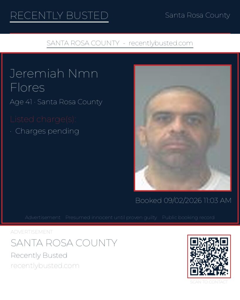 Jeremiah Nmn Flores — arrest record card, Santa Rosa County, Florida