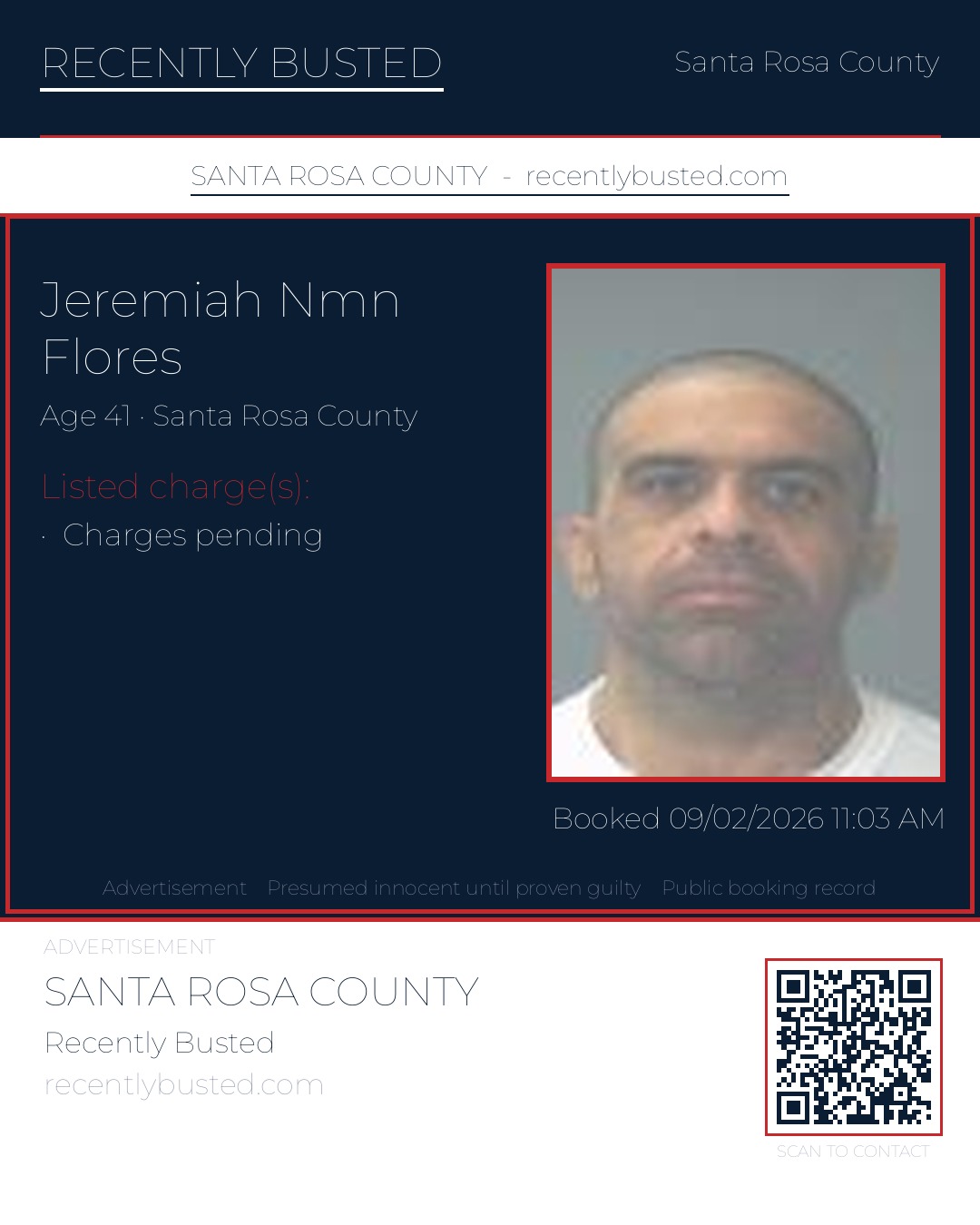 Jeremiah Nmn Flores — arrest record card, Santa Rosa County, Florida