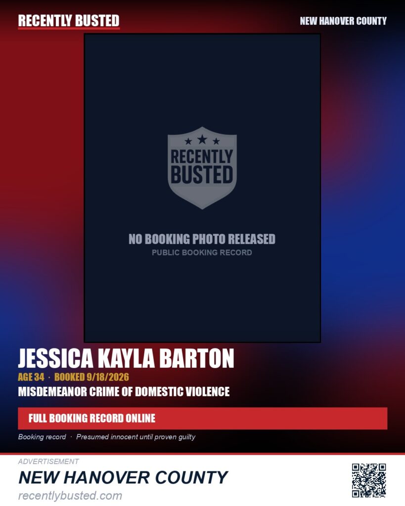 JESSICA KAYLA BARTON — arrest record card, New Hanover County