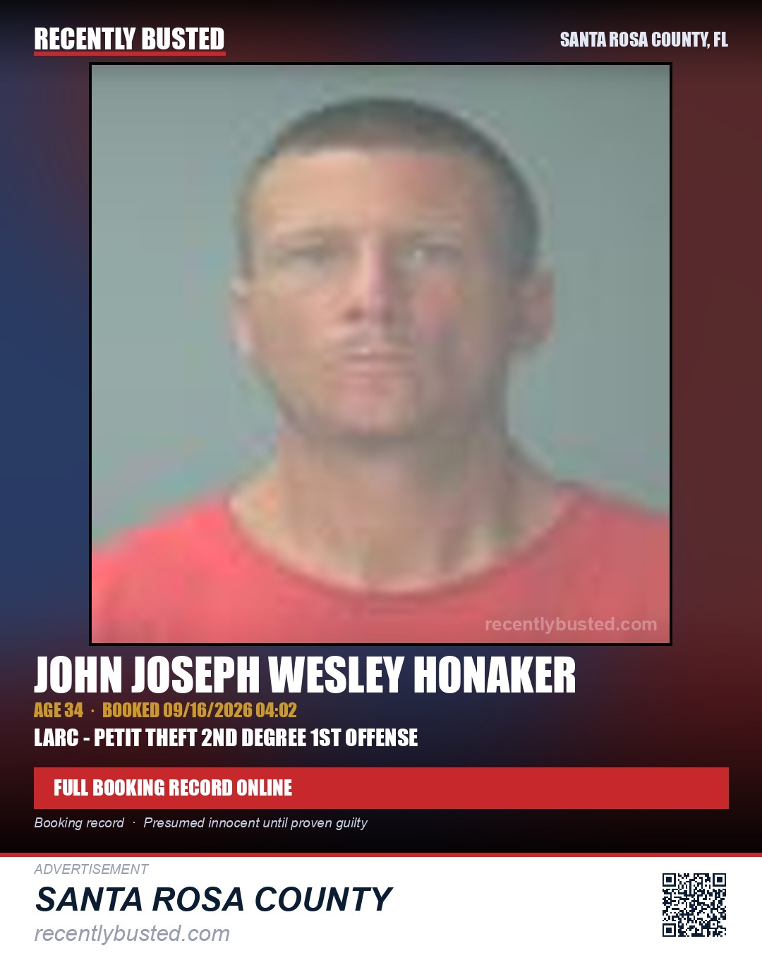 John Joseph Wesley Honaker — arrest record card, Santa Rosa County, Florida