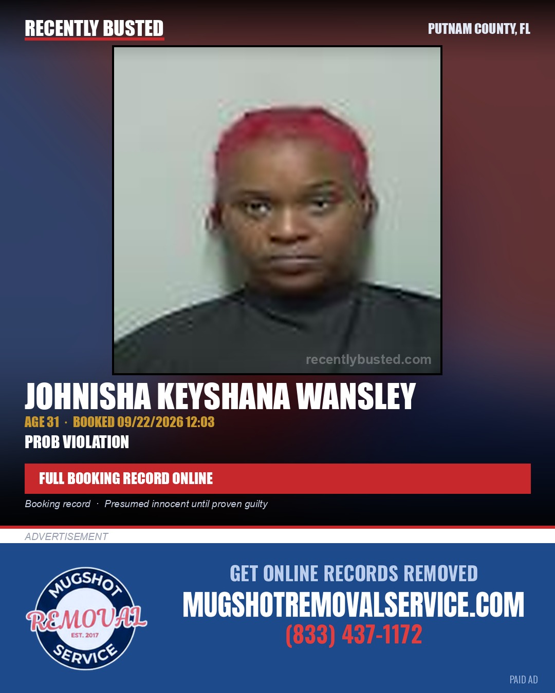 Johnisha Keyshana Wansley — arrest record card, Putnam County, Florida