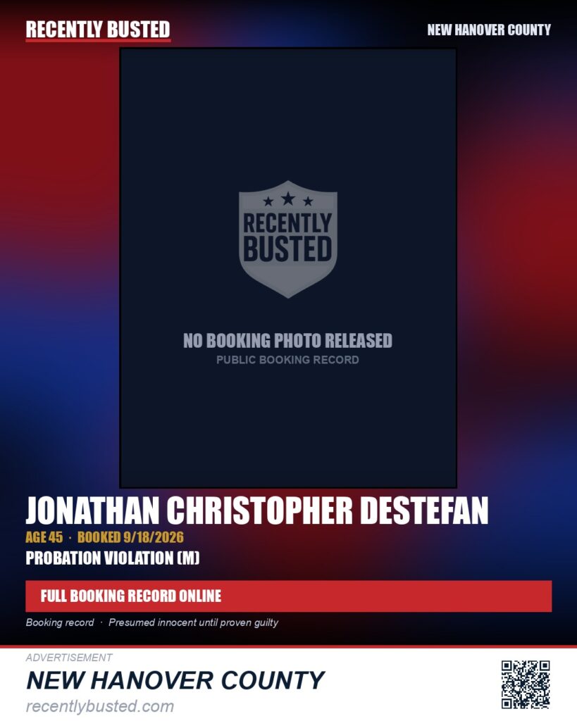 JONATHAN CHRISTOPHER DESTEFAN — arrest record card, New Hanover
