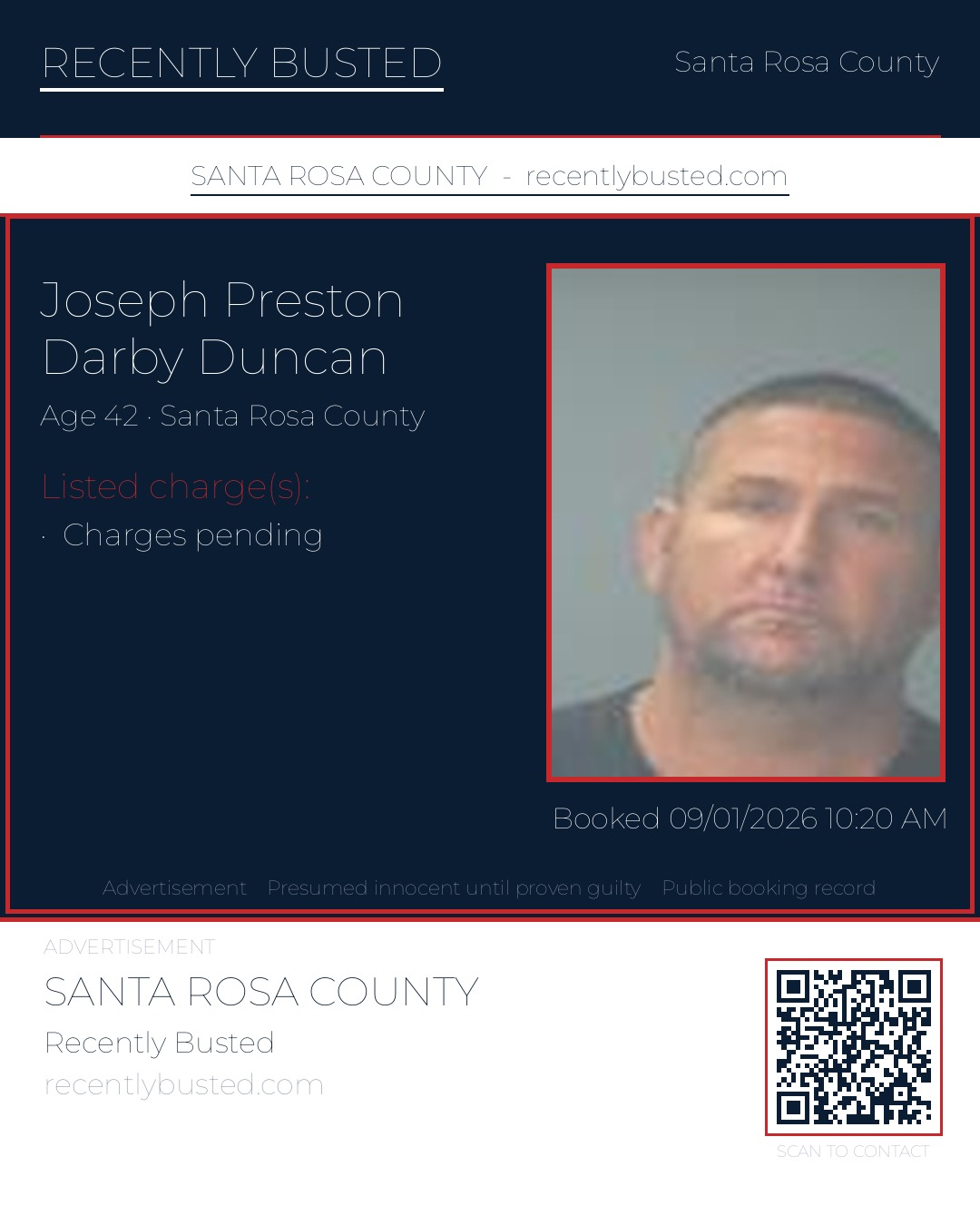 Joseph Preston Darby Duncan — arrest record card, Santa Rosa County, Florida