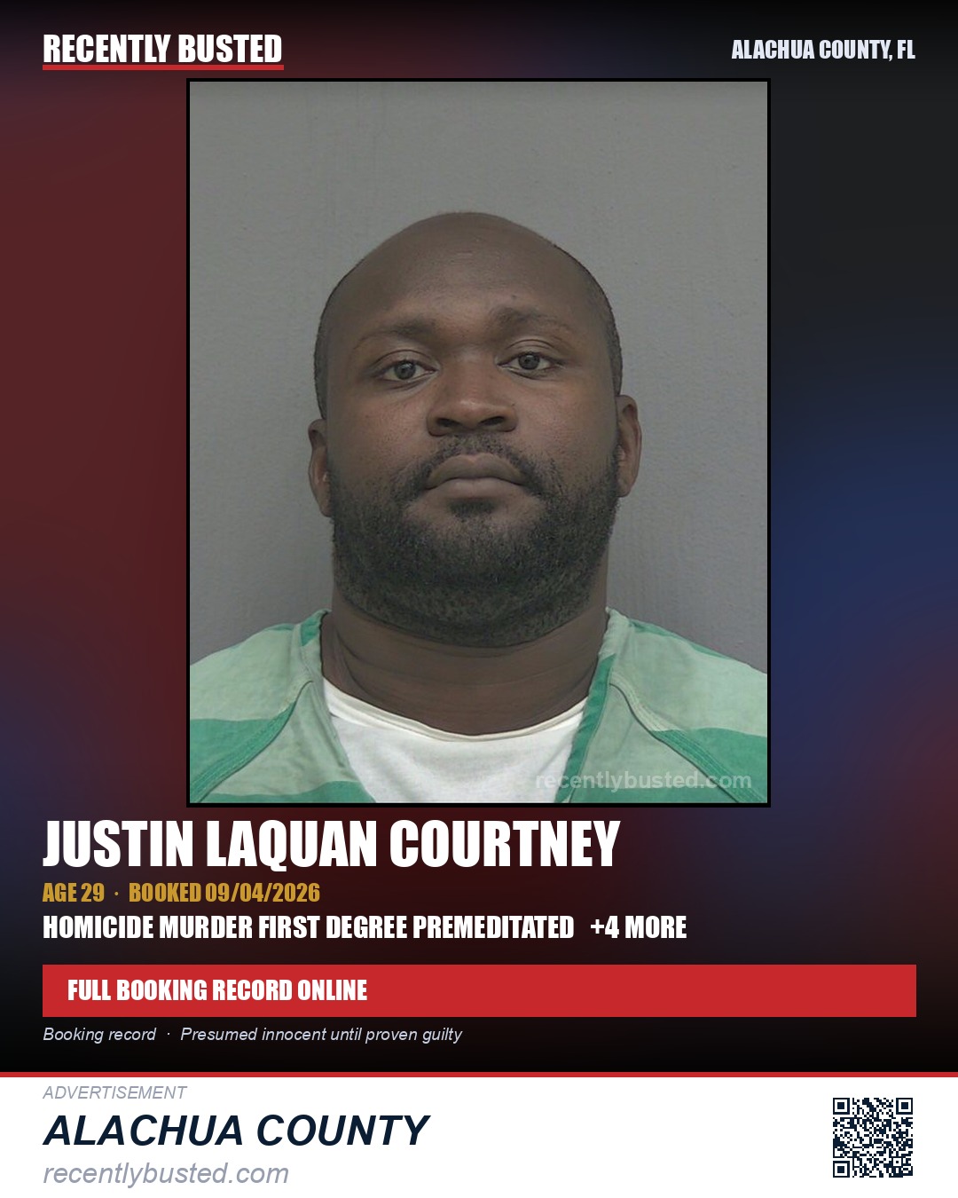 Justin Laquan Courtney — arrest record card, Alachua County, Florida