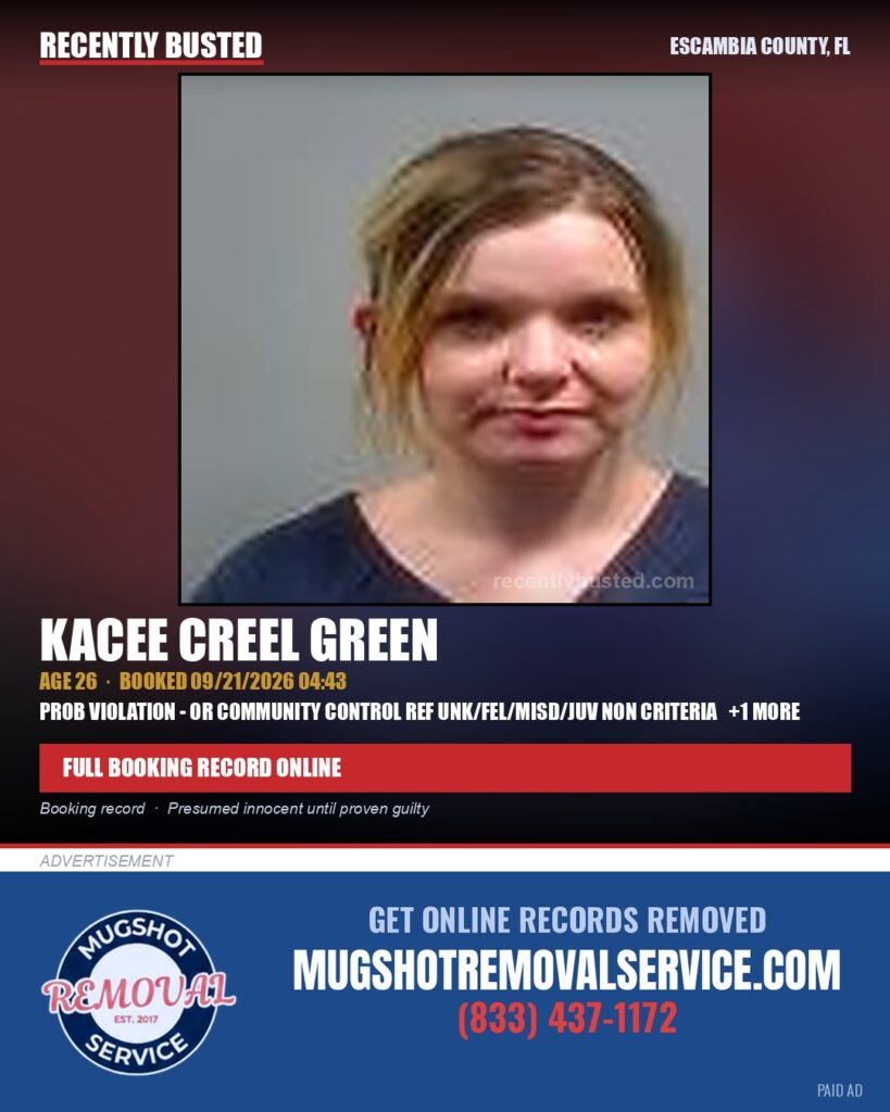 Kacee Creel Green — arrest record card, Escambia County, Florida