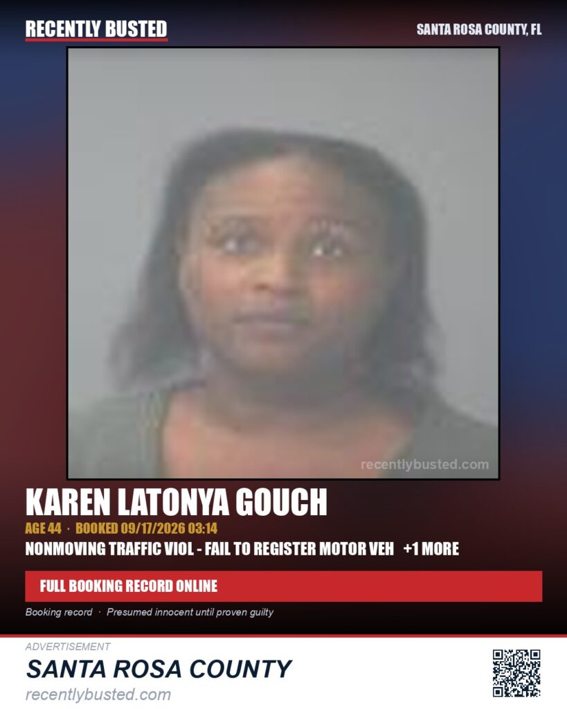 Karen Latonya Gouch — arrest record card, Santa Rosa County, Florida
