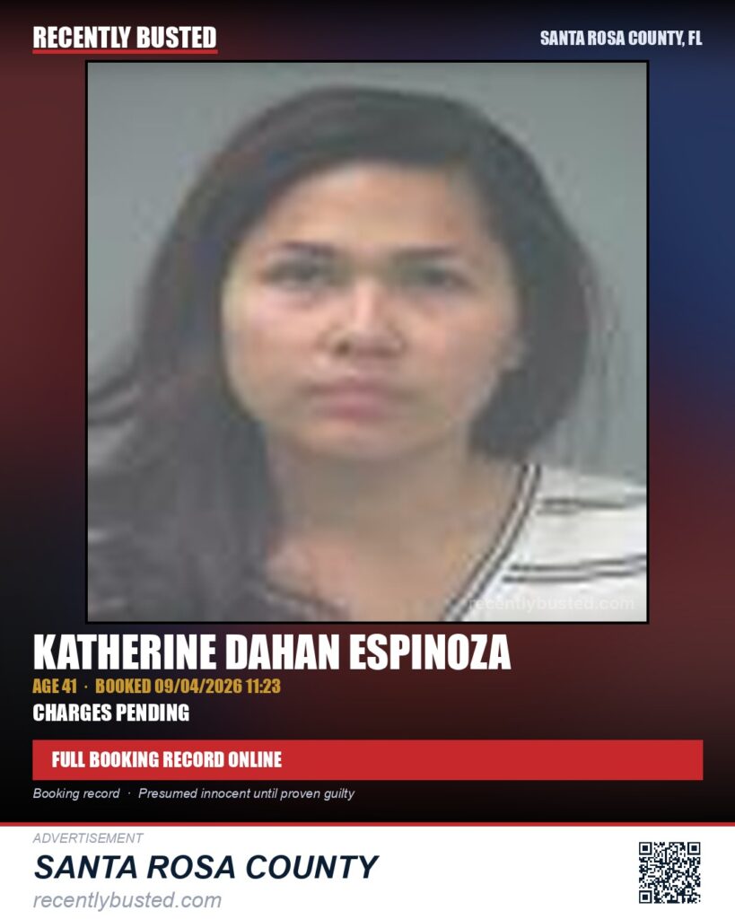 Katherine Dahan Espinoza — arrest record card, Santa Rosa County, Florida
