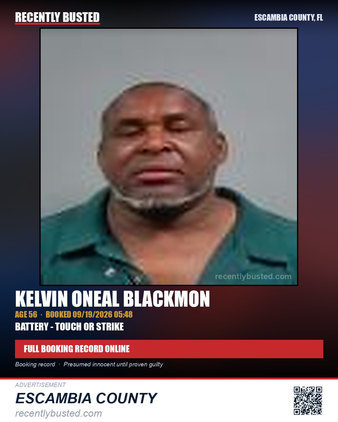 Kelvin Oneal Blackmon — arrest record card, Escambia County, Florida