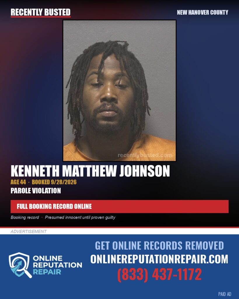 KENNETH MATTHEW JOHNSON — arrest record card, New Hanover