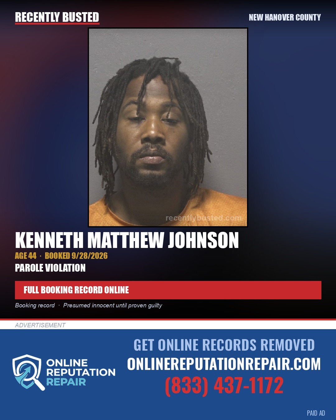 KENNETH MATTHEW JOHNSON — arrest record card, New Hanover County
