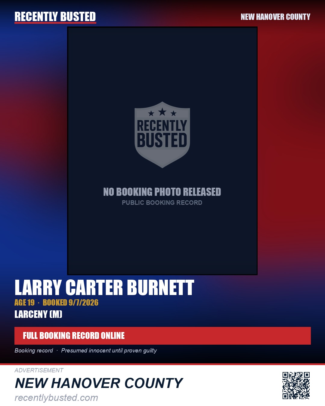 LARRY CARTER BURNETT — arrest record card, New Hanover County