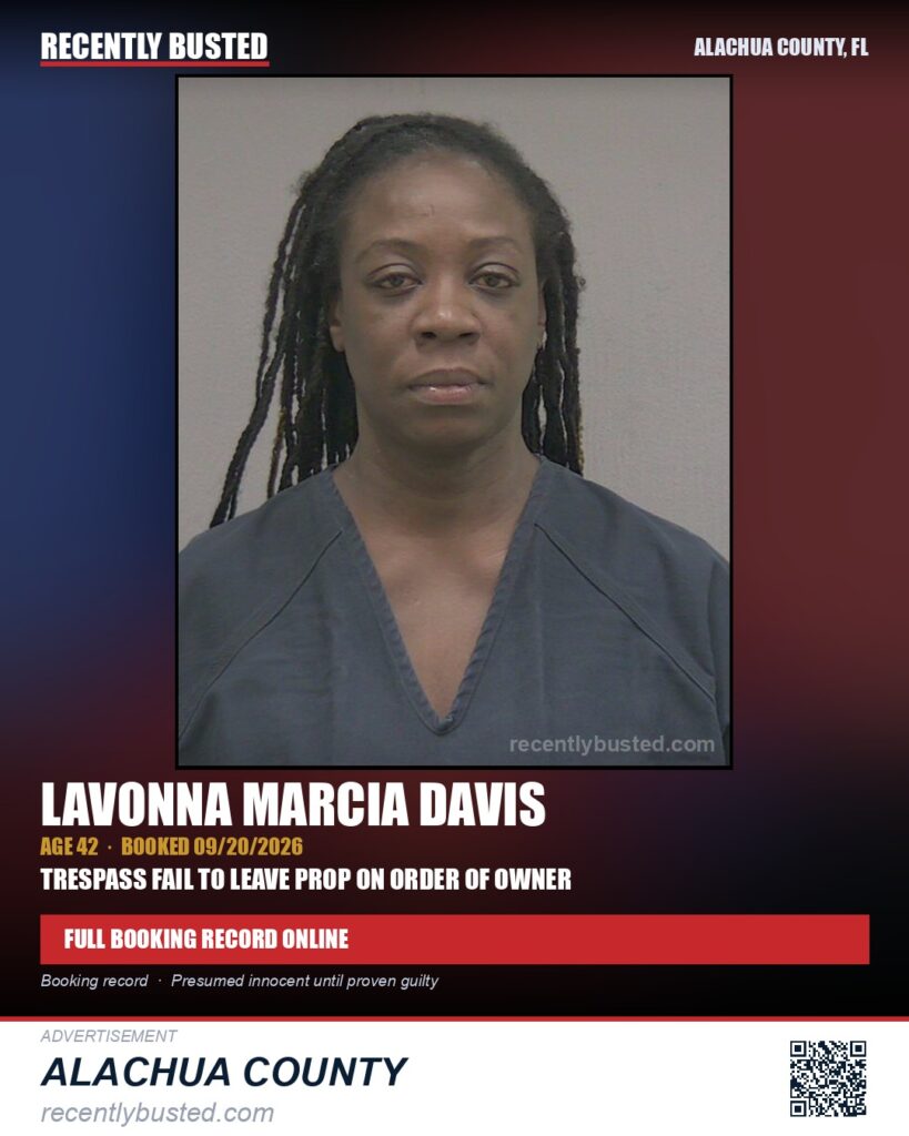 Lavonna Marcia Davis — arrest record card, Alachua County, Florida