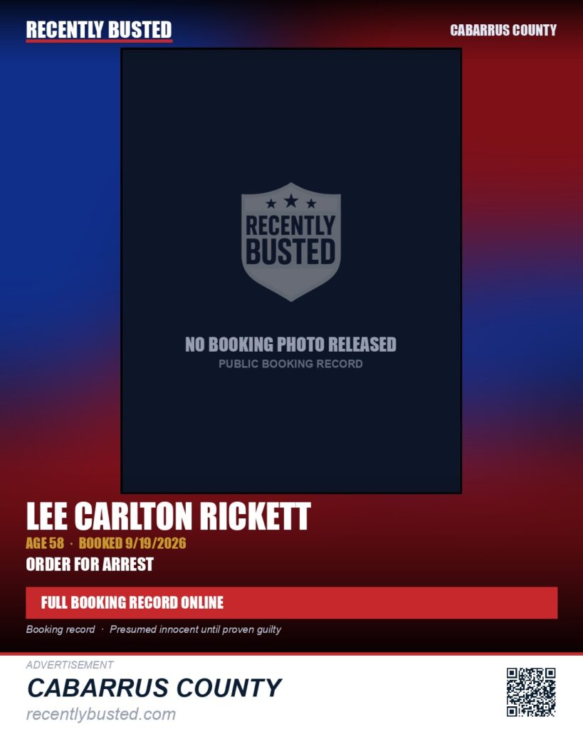 LEE CARLTON RICKETT — arrest record card, Cabarrus County