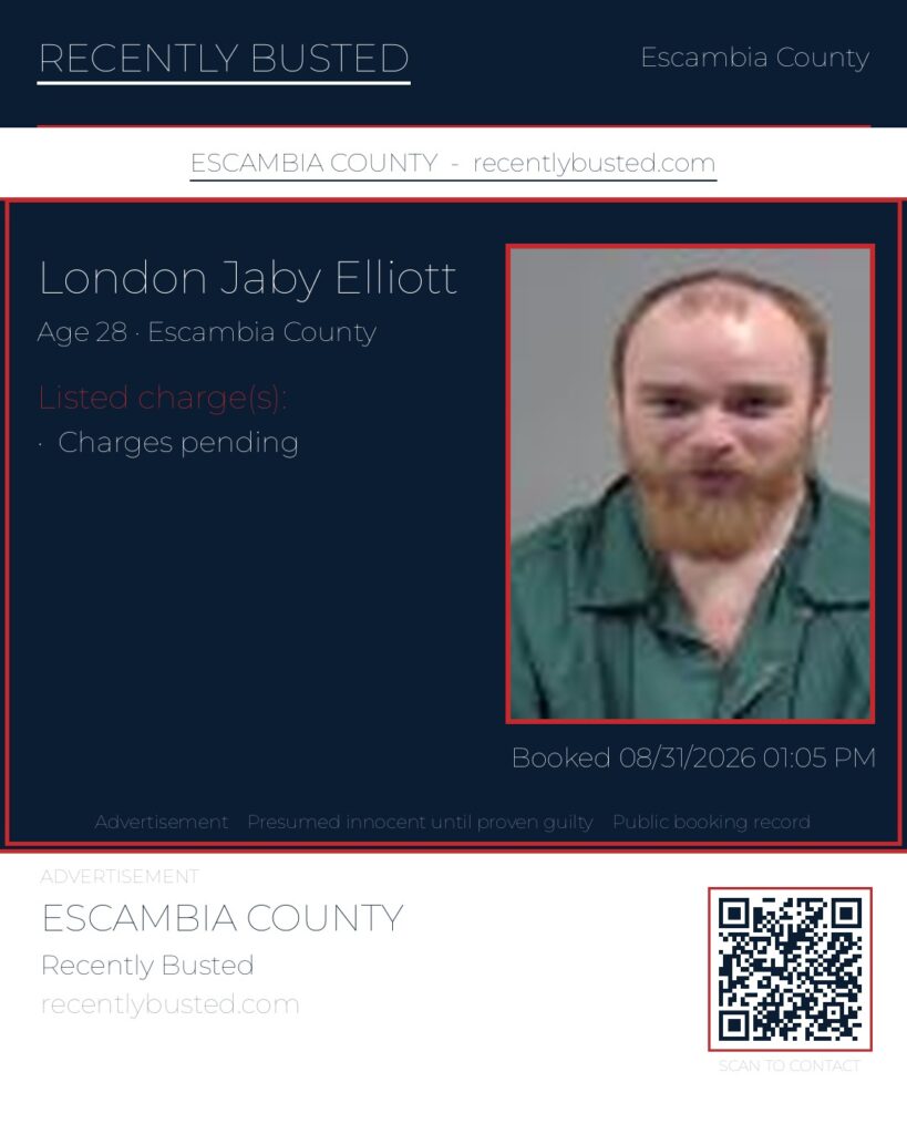 London Jaby Elliott — arrest record card, Escambia County, Florida