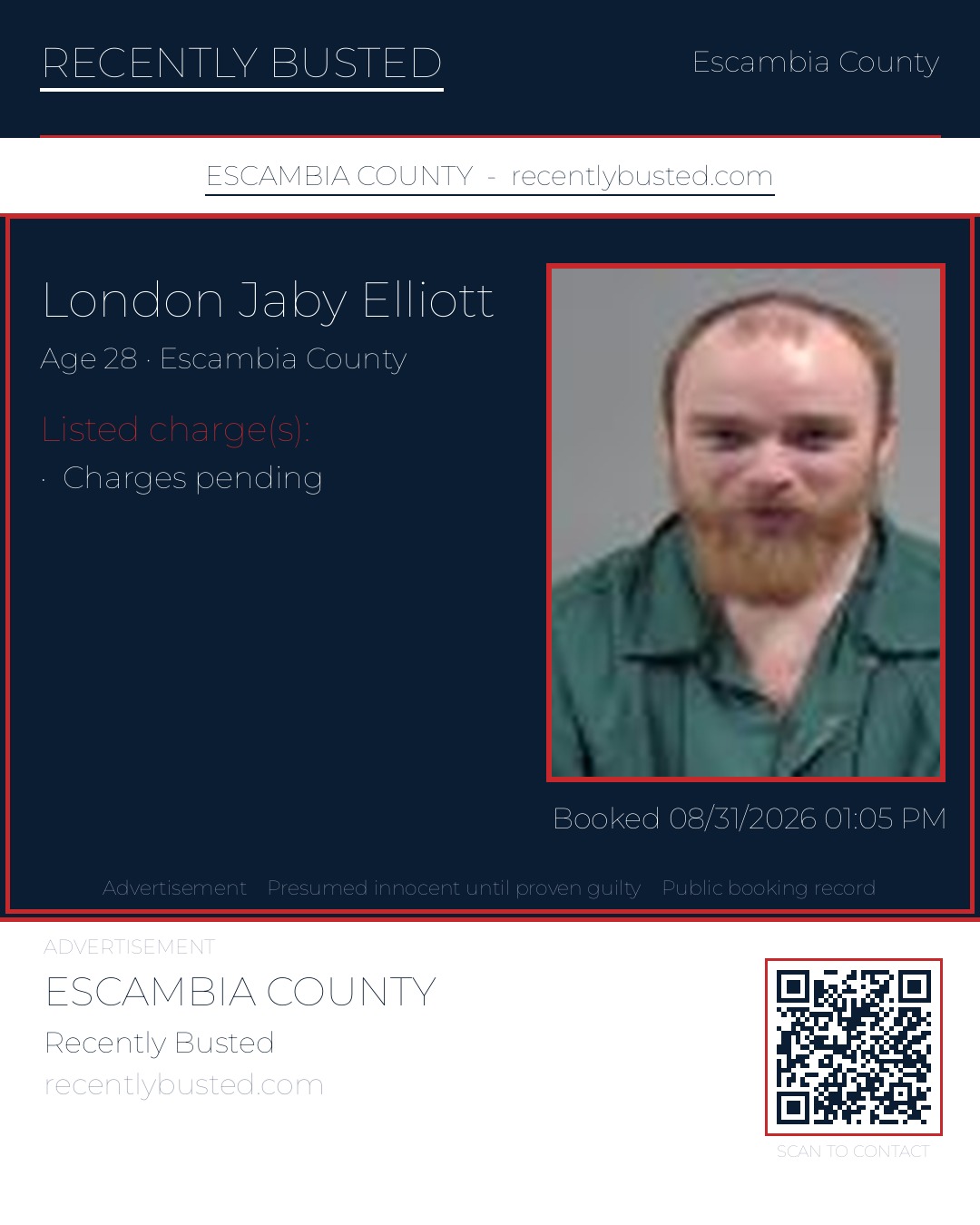 London Jaby Elliott — arrest record card, Escambia County, Florida