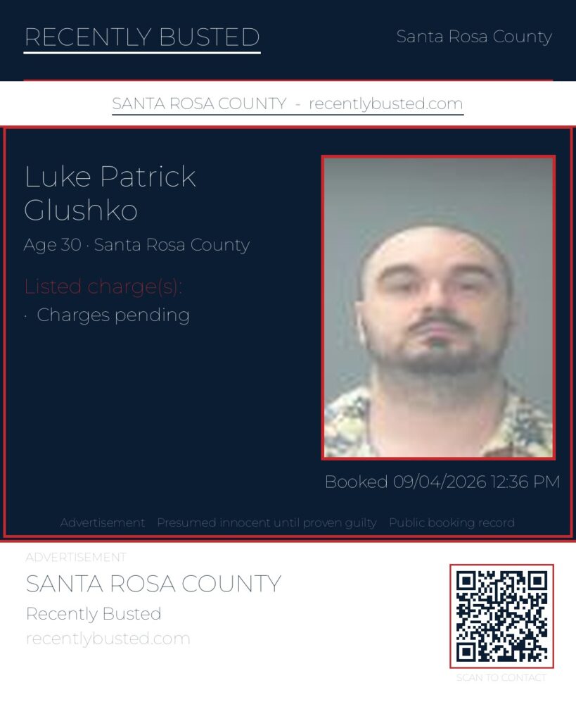 Luke Patrick Glushko — arrest record card, Santa Rosa County, Florida