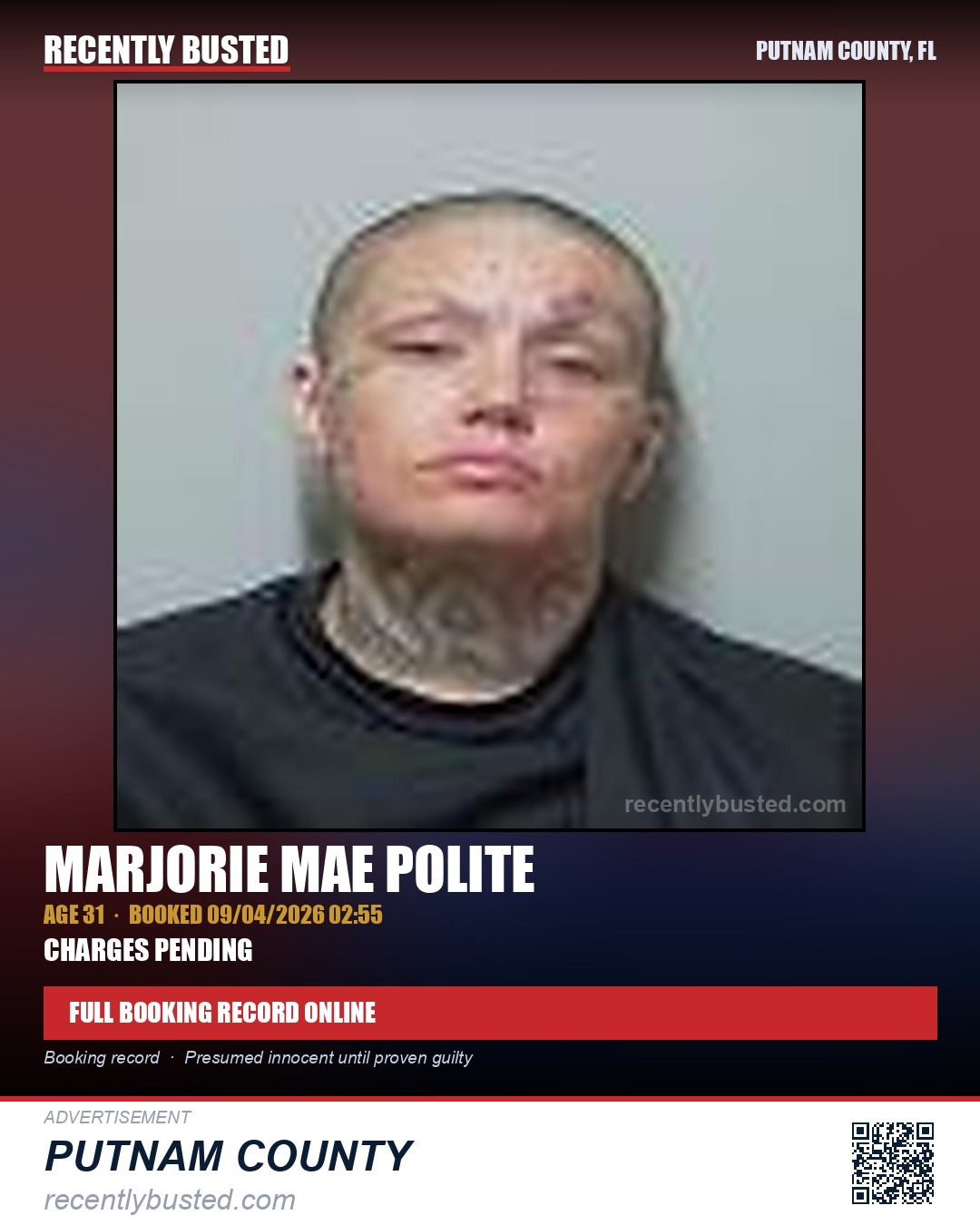 Marjorie Mae Polite — arrest record card, Putnam County, Florida