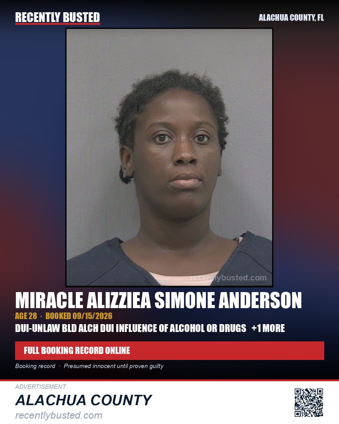 Miracle Alizziea Simone Anderson — arrest record card, Alachua County, Florida