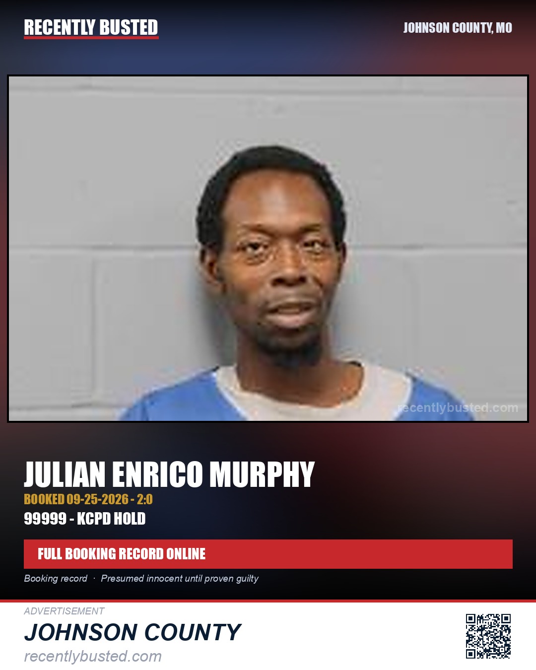 MURPHY, JULIAN ENRICO — arrest record card, Johnson County, Missouri