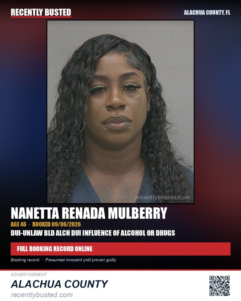 Nanetta Renada Mulberry — arrest record card, Alachua County, Florida